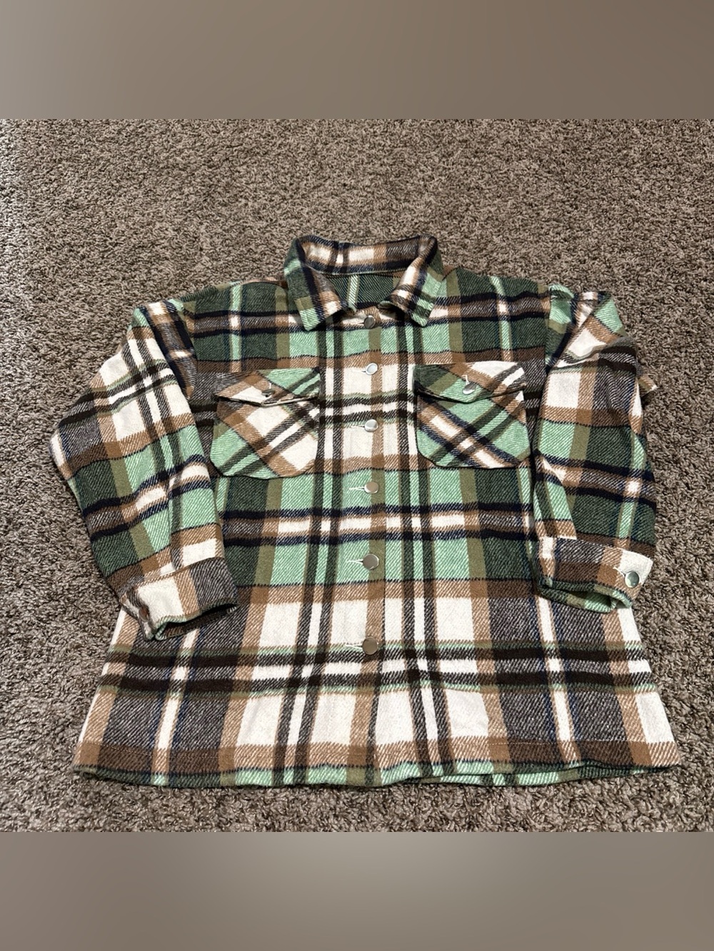SHEIN Green, Brown and White Plaid Button-Down Shacket